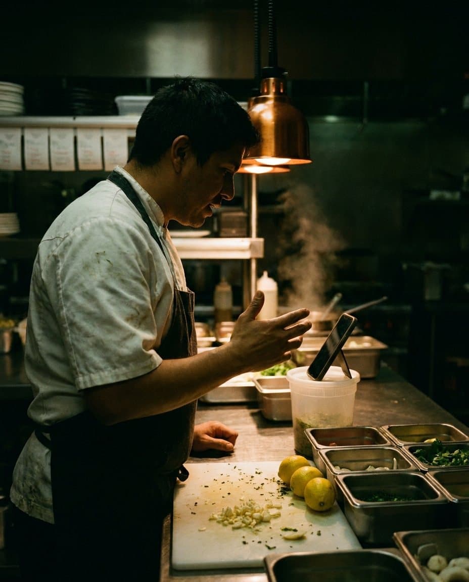 A chef at a prep station at night, talking to a phone propped on the counter.