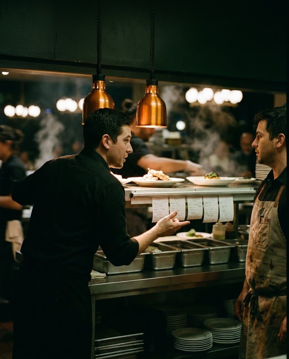 A server at the pass at night, asking the kitchen a question under the heat lamps.